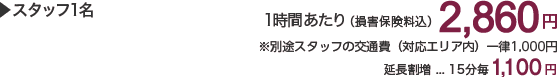 スタッフ1名　1時間あたり（損害保険料込）2,400円　※別途スタッフの交通費（対応エリア内）一律1,000円　延長割増…15分毎1,000円