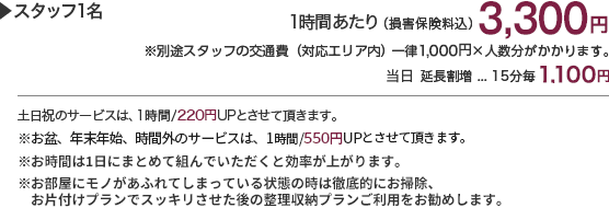 スタッフ1名 1時間あたり(損害保険料込)2,980円 ※別途スタッフの交通費(対応エリア内)1,100円~×人数分かかります。(アクセス状況により追加料金有) 延長割増…15分毎1,100円