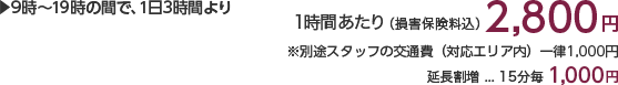9時〜19時の間で、1日3時間より 1時間あたり(損害保険料込)2,800円 ※別途スタッフの交通費(対応エリア内)一律1,000円×人数分がかかります。 延長割増…15分毎1,000円