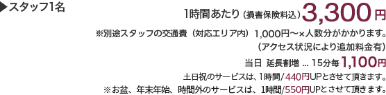 スタッフ1名　1時間あたり（損害保険料込）3,300円　※別途スタッフの交通費（対応エリア内）一律1,100円×人数分がかかります。　当日
 延長割増…15分毎1,100円 土日祝/220円UP