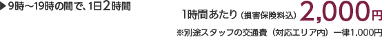9時〜19時の間で、1日2時間 1時間あたり(損害保険料込)2,500円 ※別途スタッフの交通費(対応エリア内)一律1,000円