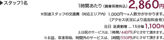 スタッフ1名　1時間あたり（損害保険料込）2,640円　※別途スタッフの交通費（対応エリア内）一律1,100円×人数分がかかります。　当日
 延長割増…15分毎1,100円 土日祝/220円UP