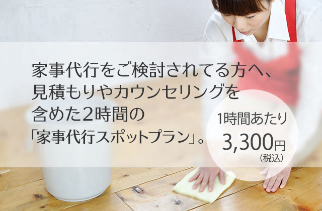 家事代行をご検討されている方へ、見積もりやカウンセリングを含めた2時間の「おためしプラン」。2時間4,000円（税別）